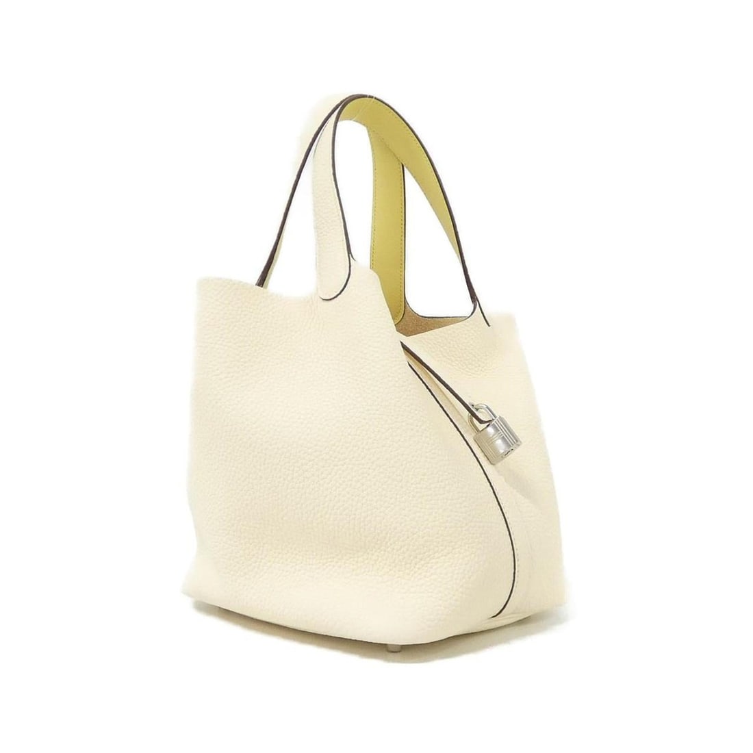 Hermes Hermès Picotin Lock Eclat MM 069561CK Handbag: --- Catalog ---Category: SizeSize (HxWxD): 23cm x 22cm x 18cm / 9.05'' x 8.66'' x 7.08''Category: DesignType: HandbagColor: Jaune, WhiteGender: Men,WomenMaterial: Taurillon clemence leather , Swift le