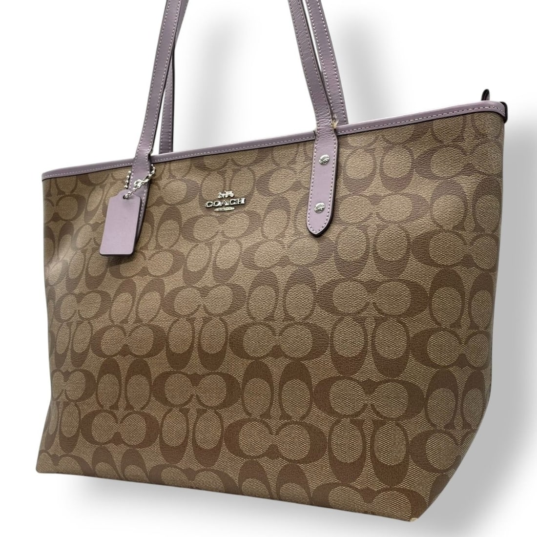 Coach Signature Leather Tote Bag in Beige, Lavender, and Purple, Women's, Size 72: --- Catalog ---Category: SizeSize (HxWxD): 26cm x 40cm x 14cm / 10.23'' x 15.74'' x 5.51''Category: DesignType: Tote bagColor: BeigeGender: WomenMaterial: PVC , Leather Category: GeneralMPN: