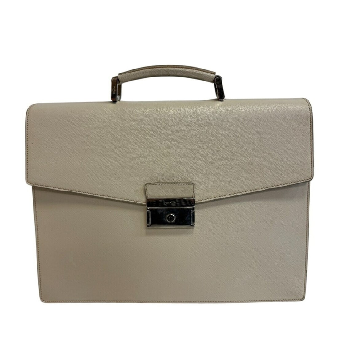 PRADA Saffiano bag for men and women in white: --- Catalog ---Category: SizeSize (HxWxD): 28.5cm x 38cm x 7.5cm / 11.22'' x 14.96'' x 2.95''Category: DesignType: BriefcaseColor: Light beige, WhiteGender: Men,WomenMaterial: Leather Category: Genera