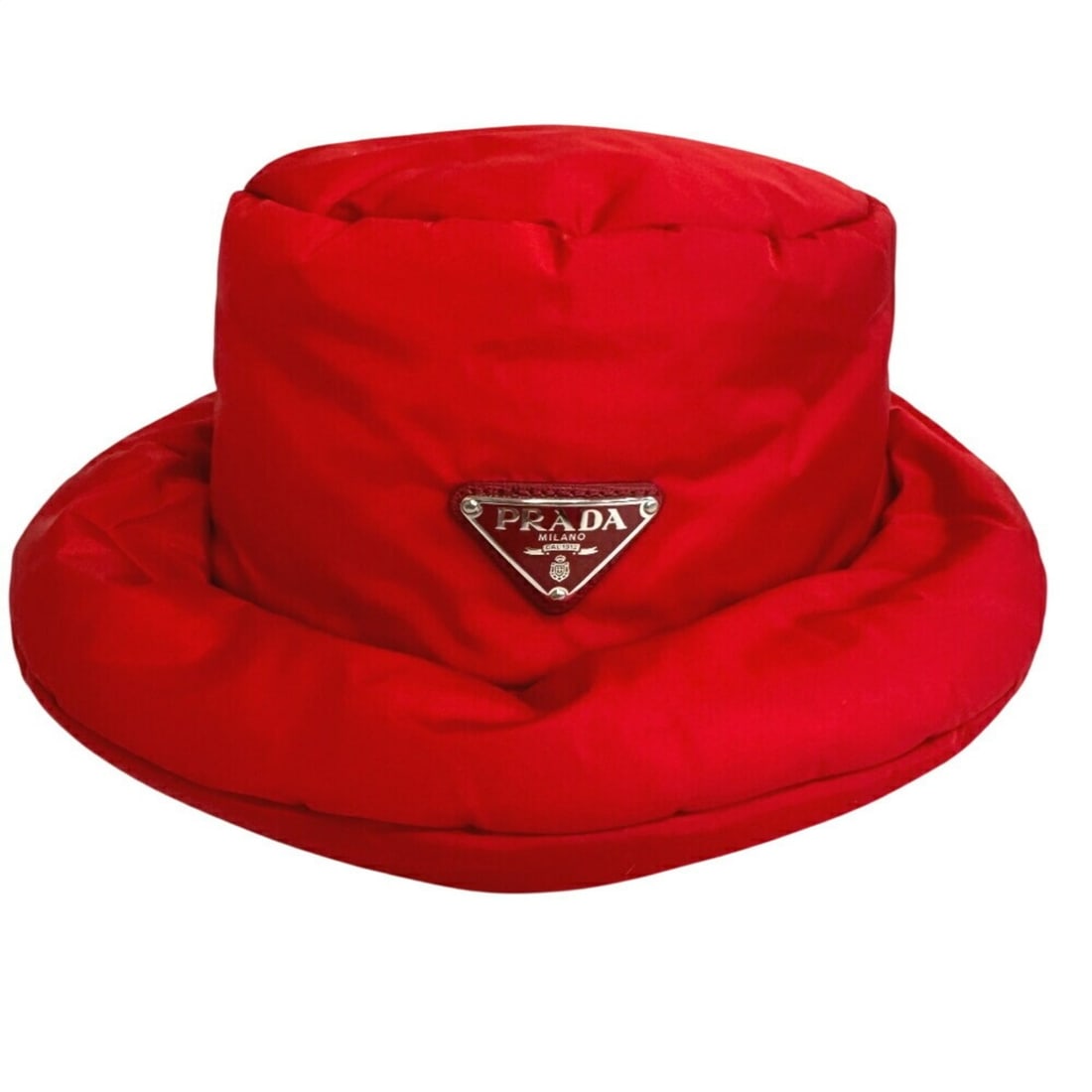 PRADA 1HC248 Triangle Metal Bucket Hat, Red, Unisex: --- Catalog ---Category: DesignType: Bucket hatColor: Red colorGender: Women,MenMaterial: Nylon Category: GeneralMPN: 1HC248Brand: PradaCategory: MeasurementsHeight: 58cm / 22.83''--- Item List