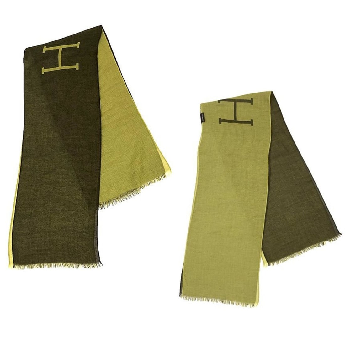 HERMES Cashmere and Silk Reversible Scarf, Khaki Green, Size H, Men's Women's: --- Catalog ---Category: SizeSize (LxW): 29cm x 1.46m / 11.41'' x 57.48''Category: DesignType: StoleColor: Green, KhakiGender: Men,Women,UnisexMaterial: Cashmere 65%, Silk 35%Category: GeneralBrand: H