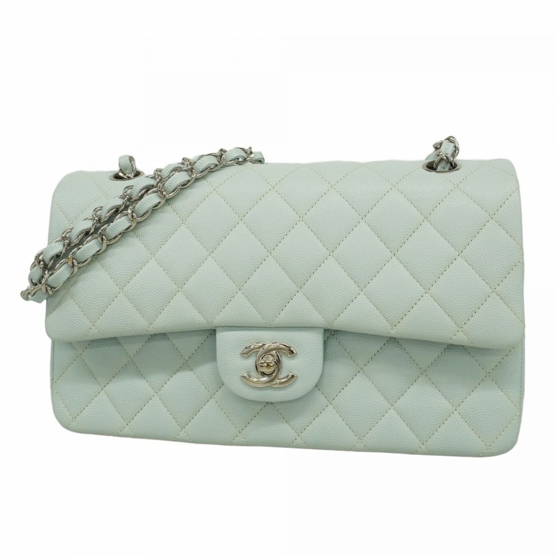 Chanel Matelasse Shoulder Bag with Double Flap and Chain, Caviar Leather, Aqua Blue, Women's,: --- Catalog ---Category: SizeSize (HxWxD): 17cm x 25.5cm x 6.5cm / 6.69'' x 10.03'' x 2.55''Category: DesignType: Shoulder bagColor: BlueGender: WomenMaterial: Grained Calfskin Hardware Color: SilverC
