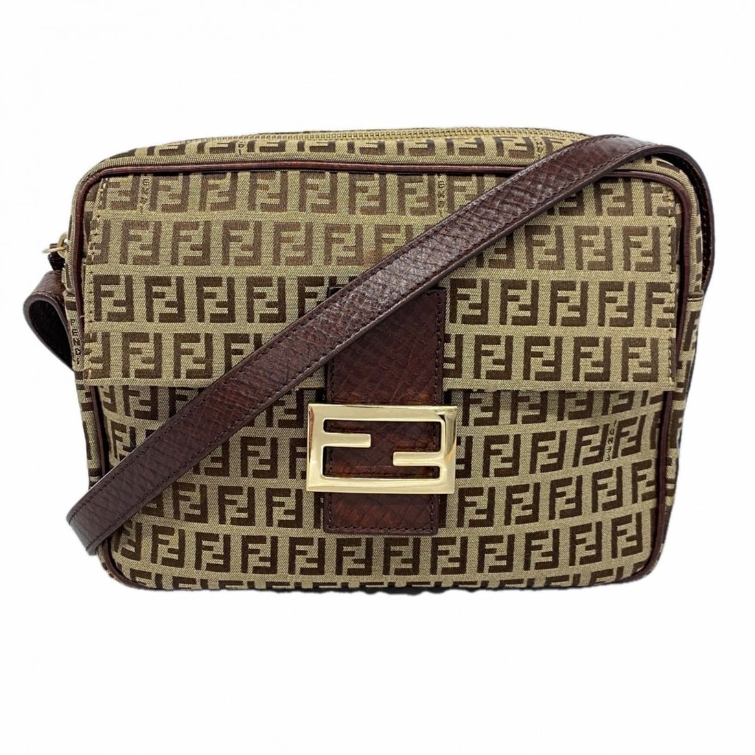 Fendi Zucchino Shoulder Bag in Nylon Canvas, Brown and Champagne, Women's, P2329638 (1 of 18)
