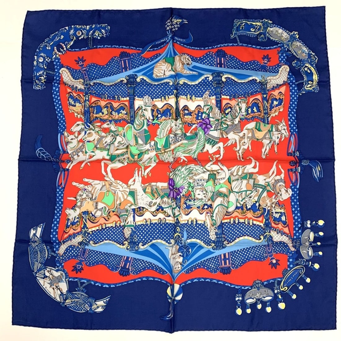 HERMES Carré TOURNEZ MANAGE Scarf, Silk, Blue, Women's, Merry-go-round, Animal Design (1 of 11)