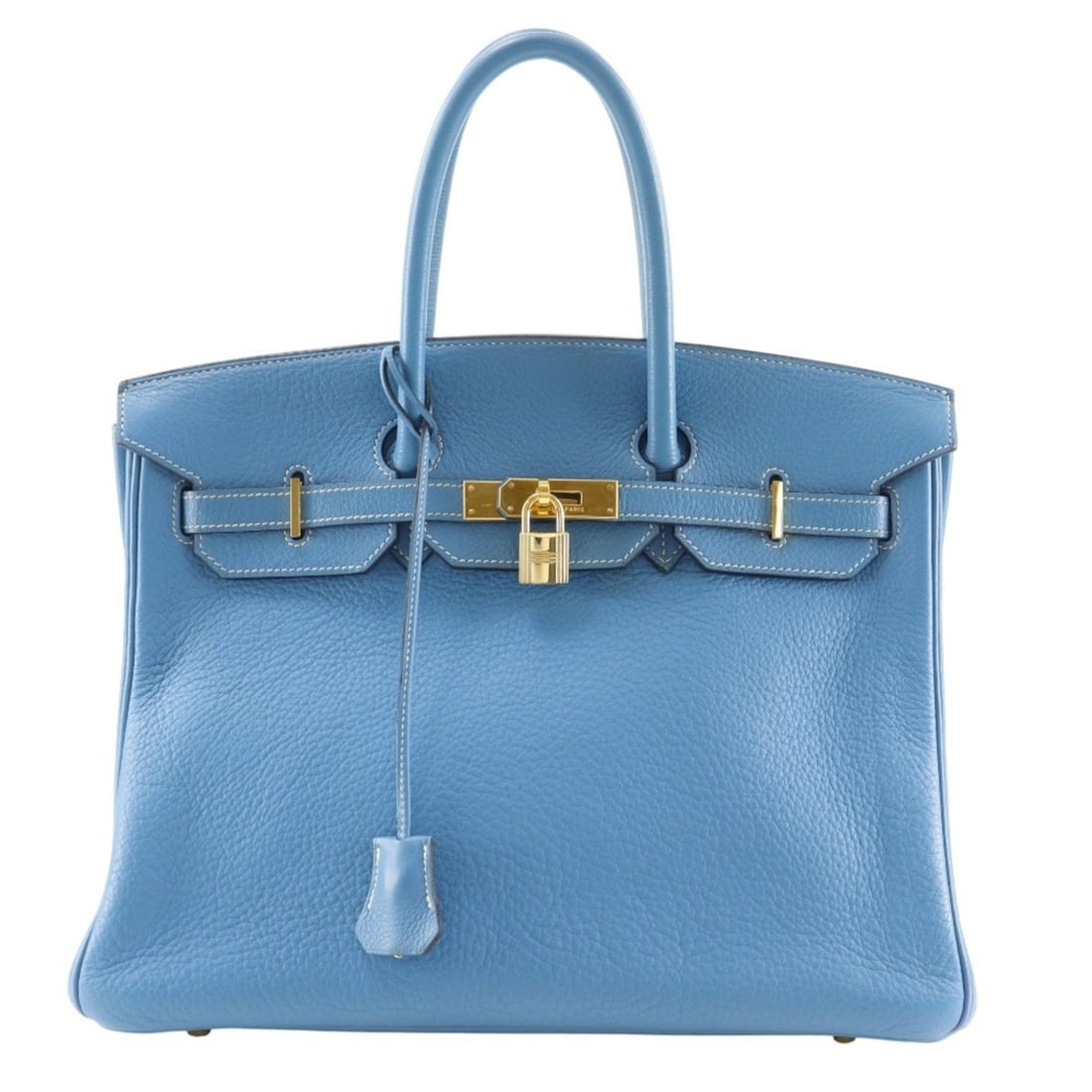 Hermes Hermès Birkin 35 handbag in Taurillon Clemence blue jean, 2003, light blue, G A5 strap,: --- Catalog ---Category: SizeWeight: 1.35kg / 2.97lb.Handle Drop: 11.00cm / 4.33''Size (HxWxD): 26cm x 35cm x 18cm / 10.23'' x 13.77'' x 7.08''Category: DesignType: HandbagColor: Light blueGender: Wom