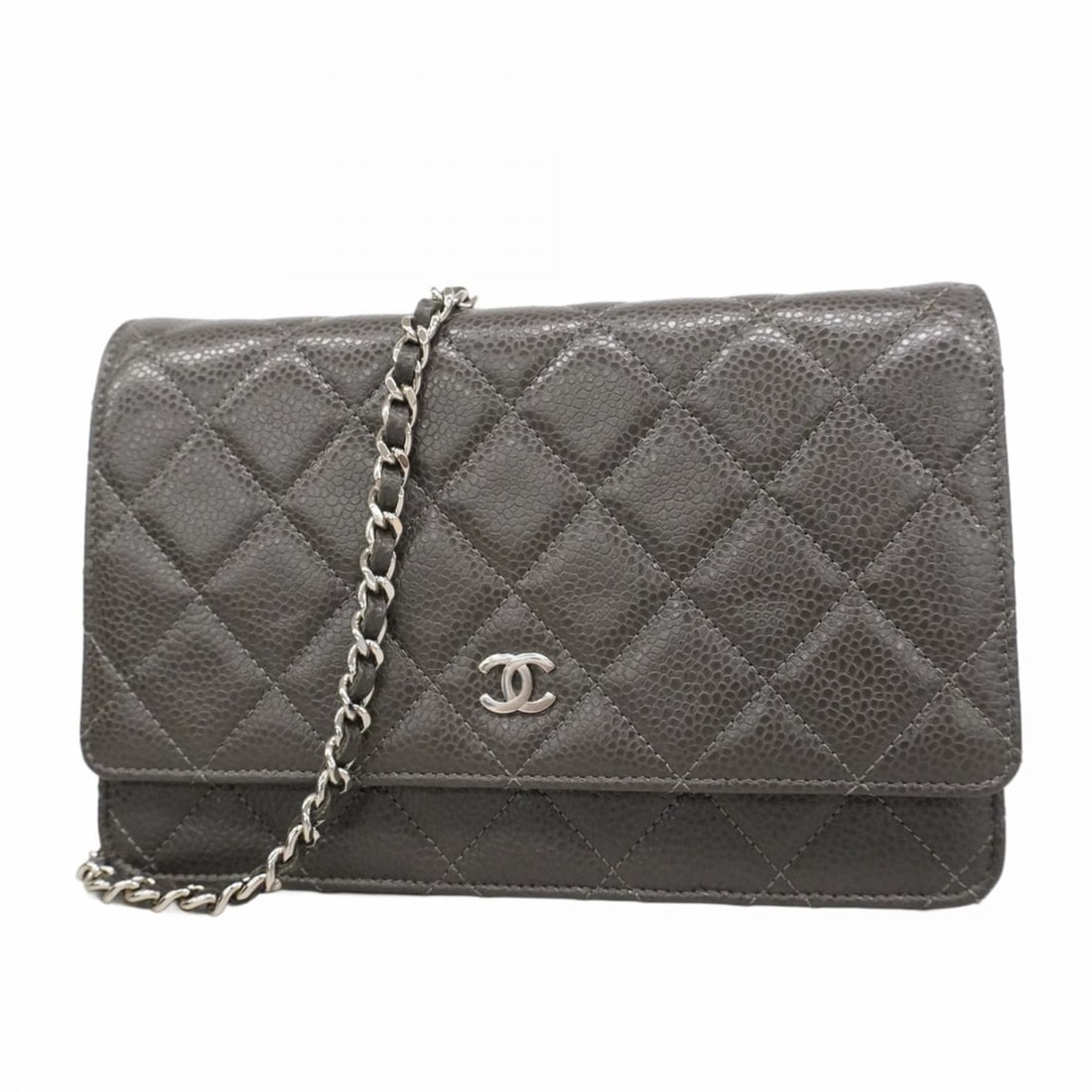 Chanel Matelasse Chain Shoulder Wallet in Caviar Leather, Gray, Women's: --- Catalog ---Category: SizeSize (HxWxD): 12cm x 19cm x 3.5cm / 4.72'' x 7.48'' x 1.37''Category: DesignType: Chain/Shoulder walletColor: GrayGender: WomenMaterial: Grained Calfskin Category: General