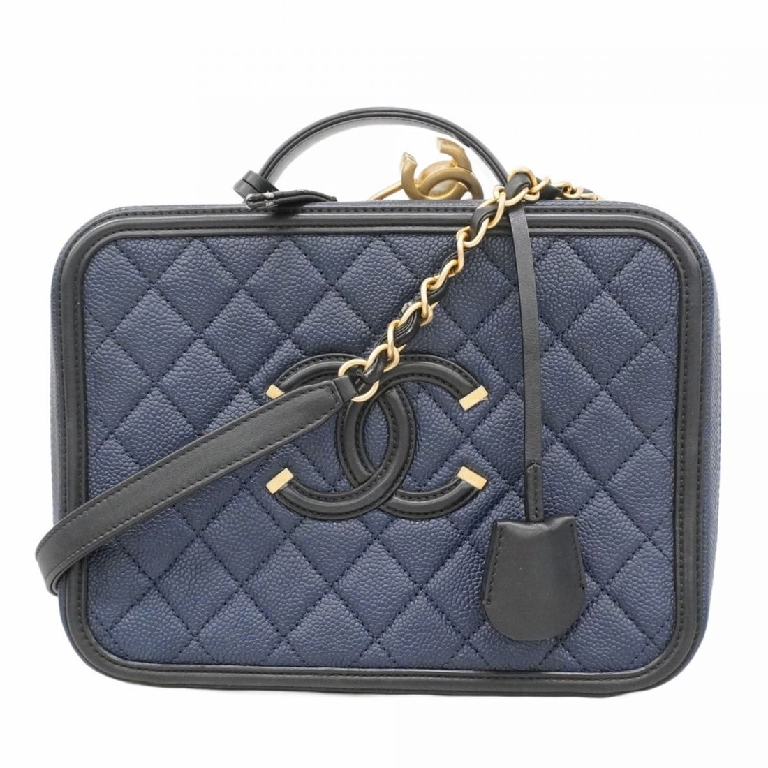 Chanel Matelasse Vanity Bag with Chain Shoulder Strap, Filigree Caviar Leather, Navy and Black,: --- Catalog ---Category: SizeSize (HxWxD): 18cm x 23cm x 9.5cm / 7.08'' x 9.05'' x 3.74''Category: DesignType: Vanity bagColor: Black, NavyGender: WomenMaterial: Grained Calfskin Hardware Color: GoldC