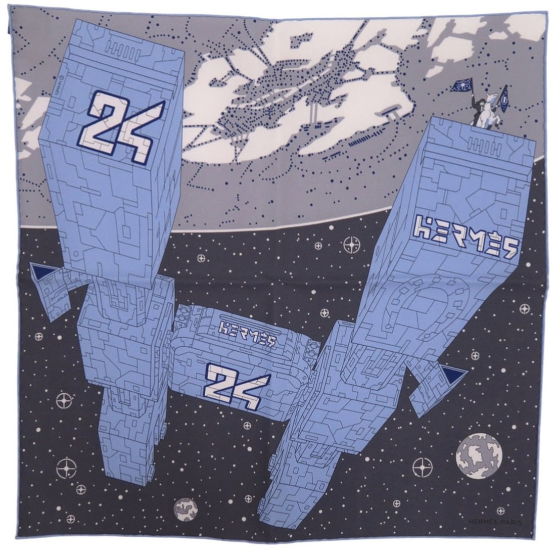Unused Hermès Carré 45 Odyssey Spaceship Silk Scarf Muffler in Navy Blue and White (0060HERMES): --- Catalog ---Category: SizeSize (LxW): 41.5cm x 42cm / 16.33'' x 16.53''Category: DesignType: ScarfColor: Blue, Navy, WhiteGender: WomenMaterial: Silk Category: GeneralBrand: HermesCountry of Origin