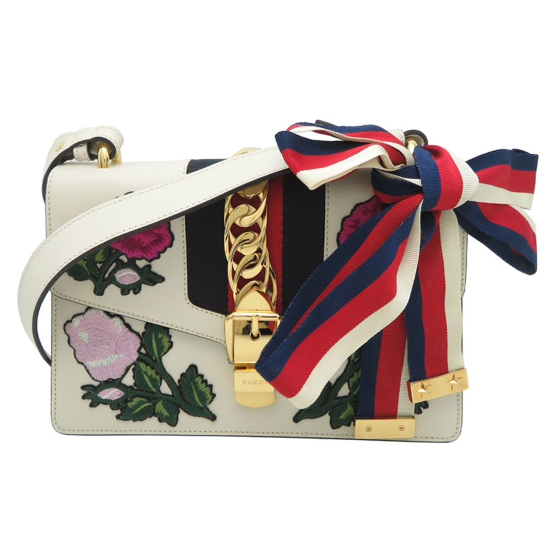 Gucci Sylvie Flower Women's Shoulder Bag 421882 in White Leather: --- Catalog ---Category: SizeSize (HxWxD): 16cm x 25cm x 7.5cm / 6.29'' x 9.84'' x 2.95''Handle Length: 71cm / 27.95''Category: DesignType: Shoulder bagColor: WhiteGender: WomenMaterial: Leather Categ