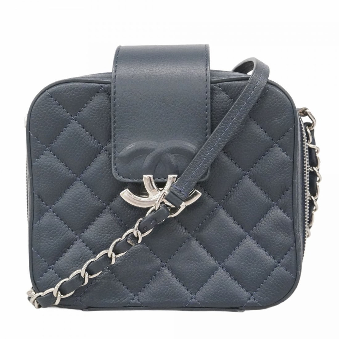 Chanel Matelasse Shoulder Bag with Chain in Navy Caviar Leather: --- Catalog ---Category: SizeSize (HxWxD): 14cm x 16cm x 7cm / 5.51'' x 6.29'' x 2.75''Category: DesignType: Shoulder bagColor: NavyGender: WomenMaterial: Grained Calfskin Hardware Color: SilverCatego