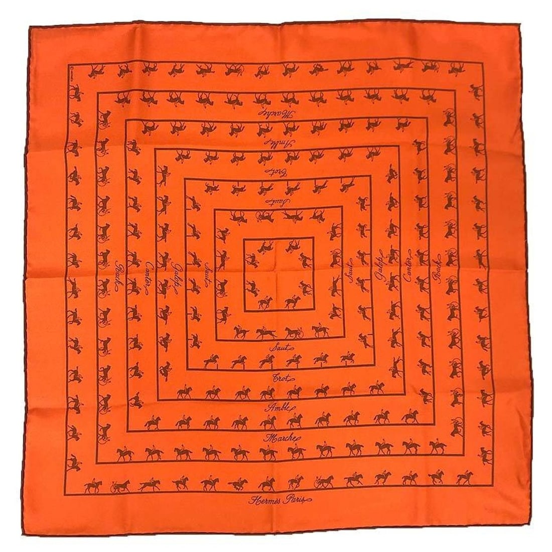 HERMES Le Allure scarf/muffler for Carré 42/45, horse print, orange, 100% silk: --- Catalog ---Category: SizeSize (LxW): 41cm x 41cm / 16.14'' x 16.14''Category: DesignType: ScarfColor: OrangeGender: WomenMaterial: Silk 100%Category: GeneralBrand: HermesCountry of Origin: France-