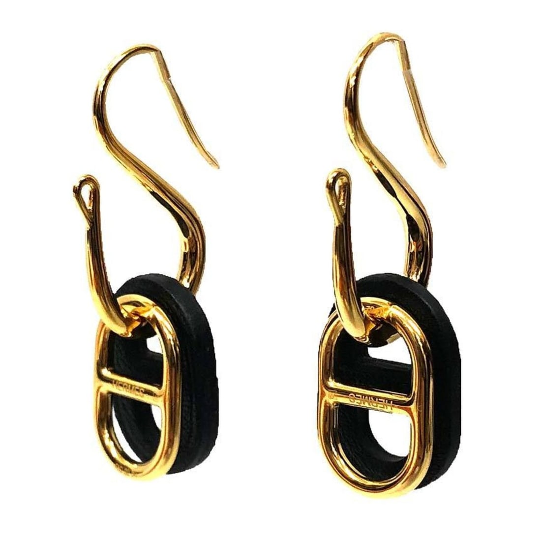 Hermes Hermès O'Maillon Chaine d'Ancre Swing Earrings in GP and Swift Leather, Gold Black (1 of 12)
