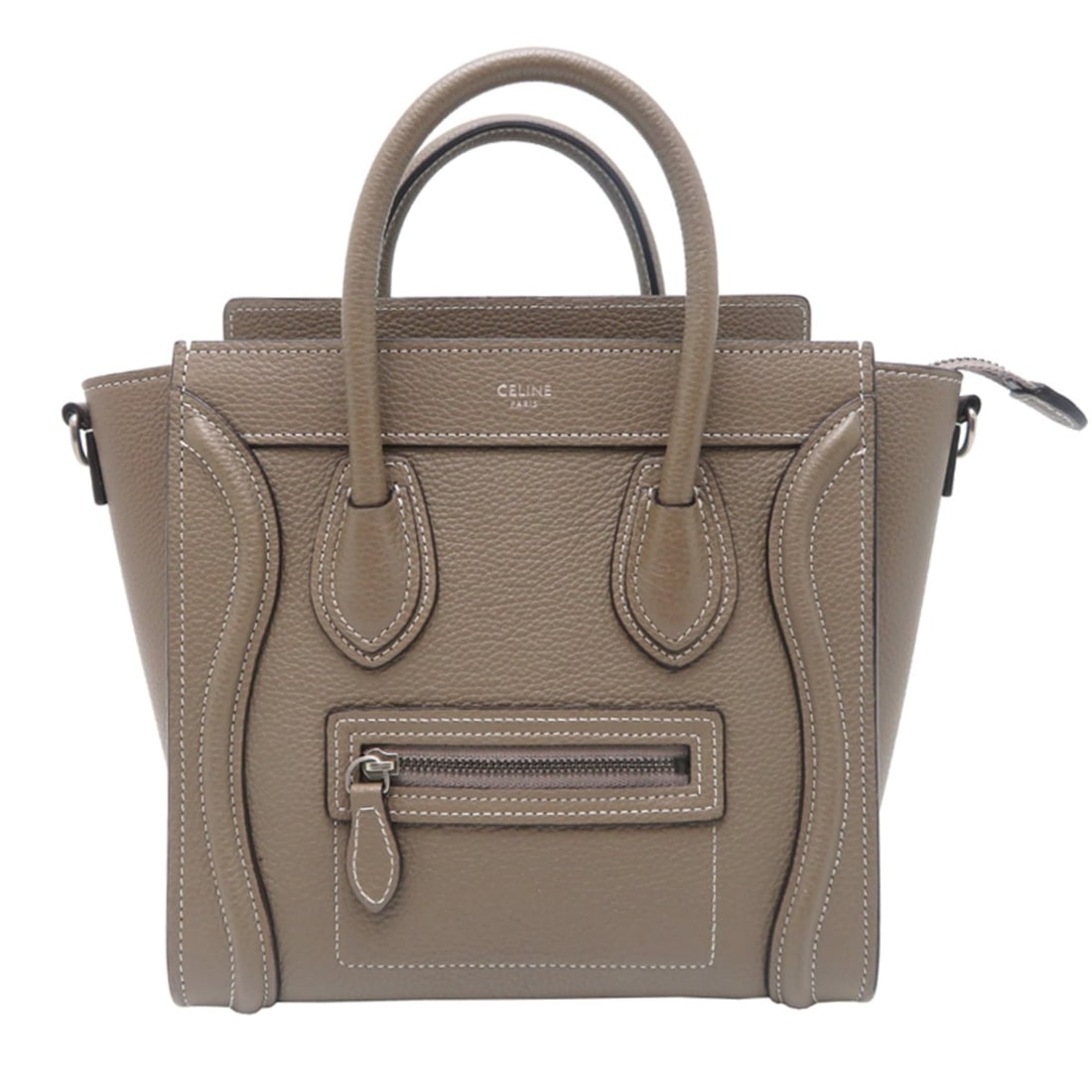 Celine Luggage Nano (Strap Missing) Women's Handbag 189243 in Drummed Calfskin Greige: --- Catalog ---Category: SizeSize (HxWxD): 19cm x 27cm x 9cm / 7.48'' x 10.62'' x 3.54''Handle Length: 27cm / 10.62''Category: DesignType: HandbagColor: GrayishGender: WomenMaterial: Leather Leather/F