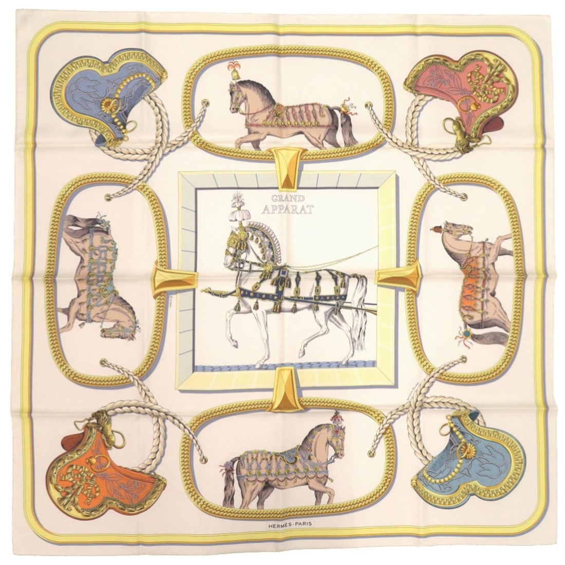 Unused Hermès Carré 90 Grand Apparat Silk Scarf/Muffler in Cream, Gold, and Beige (Product Code: (1 of 18)