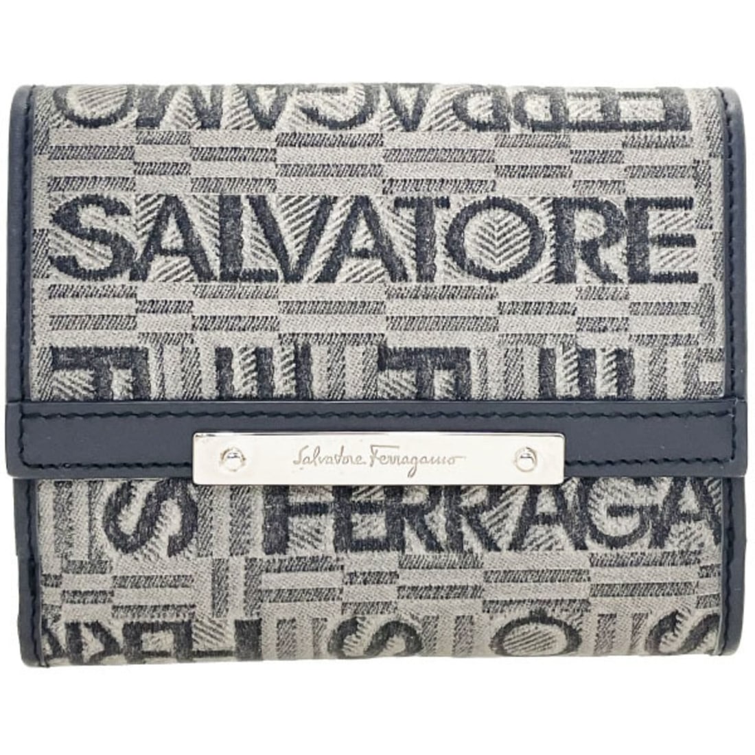Salvatore Ferragamo Wallet, Plate, Double Canvas and Leather, Gray, Size 22 8253, Bifold Compact (1 of 9)
