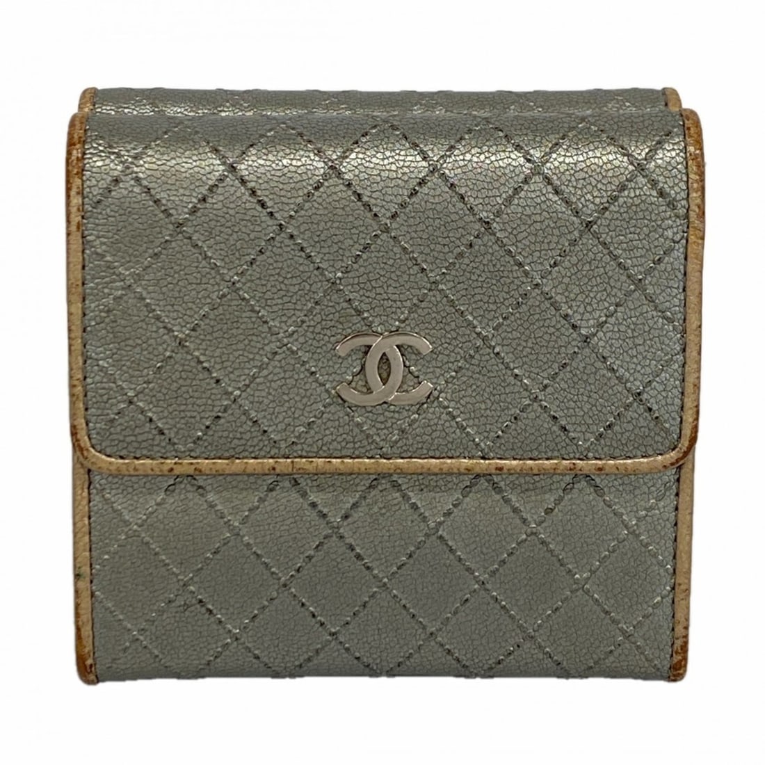 Chanel Tri-fold Wallet Bicolor Leather Gray Beige Women's (1 of 13)