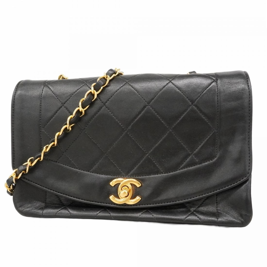 Chanel Diana Shoulder Bag, Chain Lambskin, Black, Women's: --- Catalog ---Category: SizeSize (HxWxD): 14cm x 22cm x 7cm / 5.51'' x 8.66'' x 2.75''Category: DesignType: Shoulder bagColor: BlackGender: WomenMaterial: Leather Hardware Color: GoldLeather/Fur Type