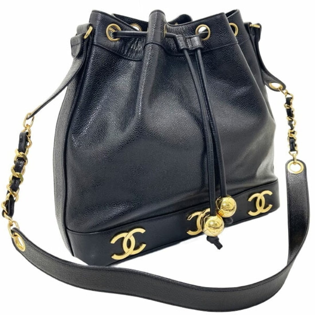 Chanel Triple Coco Chain Shoulder Bag in Black Caviar Leather with CC Mark Ball Charm, Crossbody: --- Catalog ---Category: SizeSize (HxWxD): 30.5cm x 30.5cm x 9.5cm / 12'' x 12'' x 3.74''Strap Length: 98cm / 38.58''Category: DesignType: Shoulder bagColor: BlackGender: WomenMaterial: Grained Calfsk