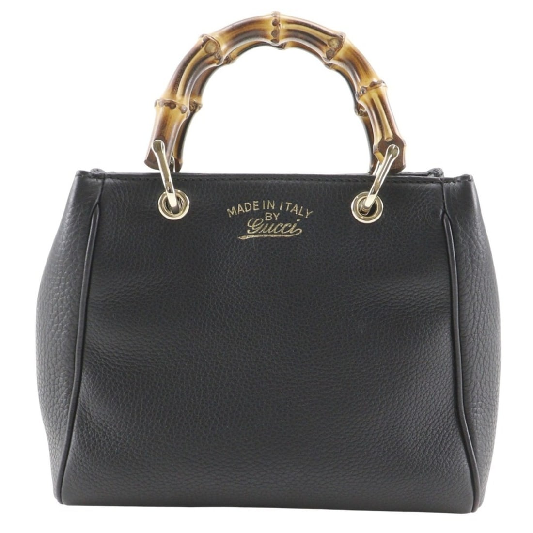 Gucci Bamboo Mini Shopper Handbag 368823, Black Calfskin, Magnetic closure, Women's: --- Catalog ---Category: SizeWeight: 360g / 12.69oz.Handle Drop: 6.50cm / 2.56''Size (HxWxD): 17cm x 21cm x 9cm / 6.69'' x 8.26'' x 3.54''Category: DesignType: HandbagColor: BlackGender: WomenClosure: