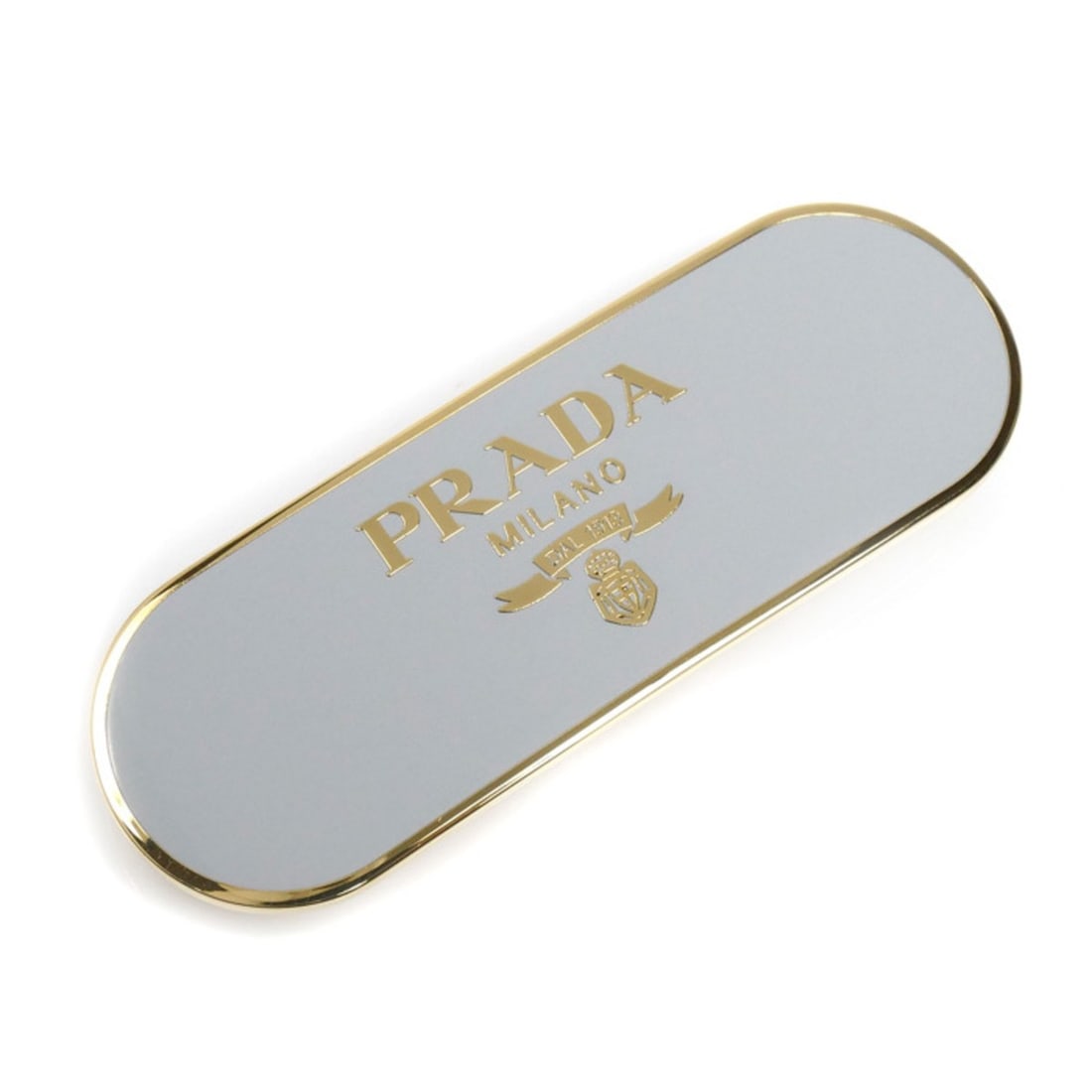 PRADA Prada GP Logo Barrette Hair Clip Accessory 1IF022 Women's: --- Catalog ---Category: SizeSize (LxW): 2.39cm x 6.98cm / 0.94'' x 2.74''Category: DesignType: BarretteColor: Gold, Light grayGender: WomenMaterial: Gold platingCategory: GeneralMPN: 1IF022Brand: Pra