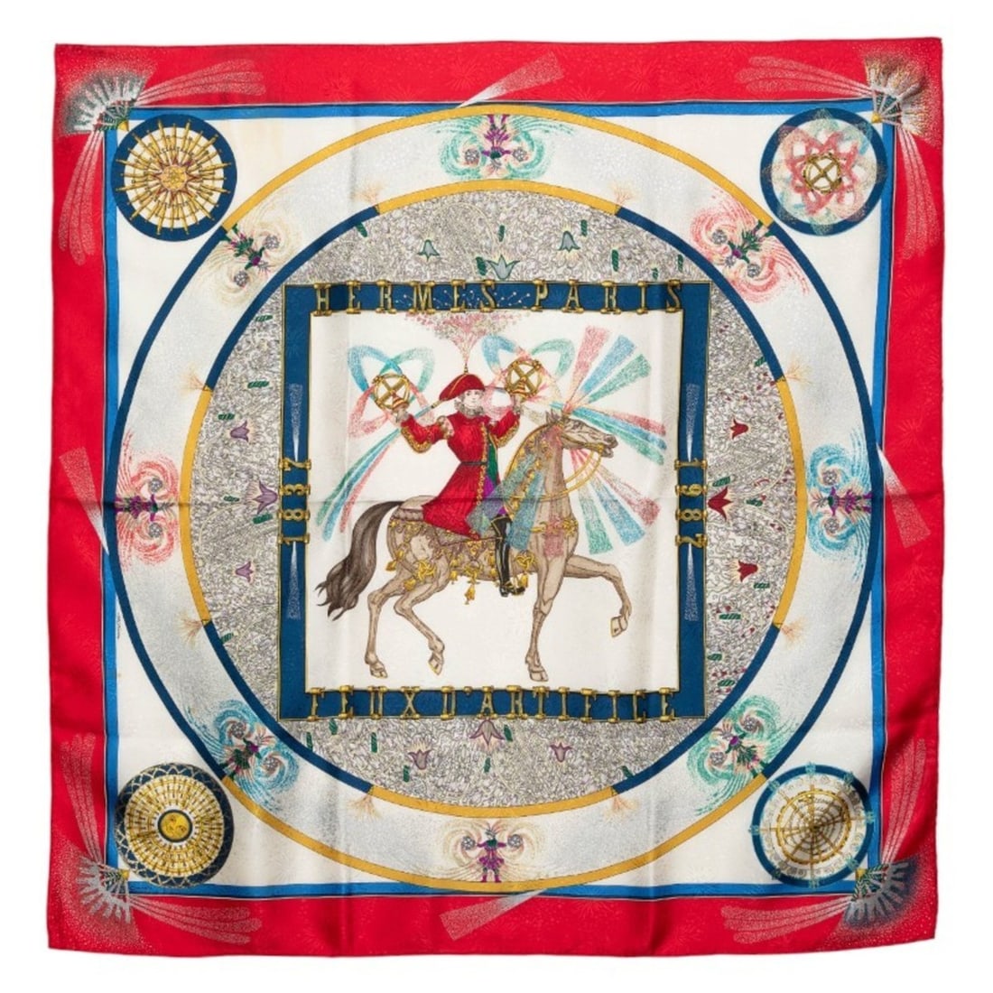 Hermes Hermès Carré 90 "FEUX D'ARTIFICE" Scarf/Muffler in Red and Multicolored Silk for Women (1 of 13)