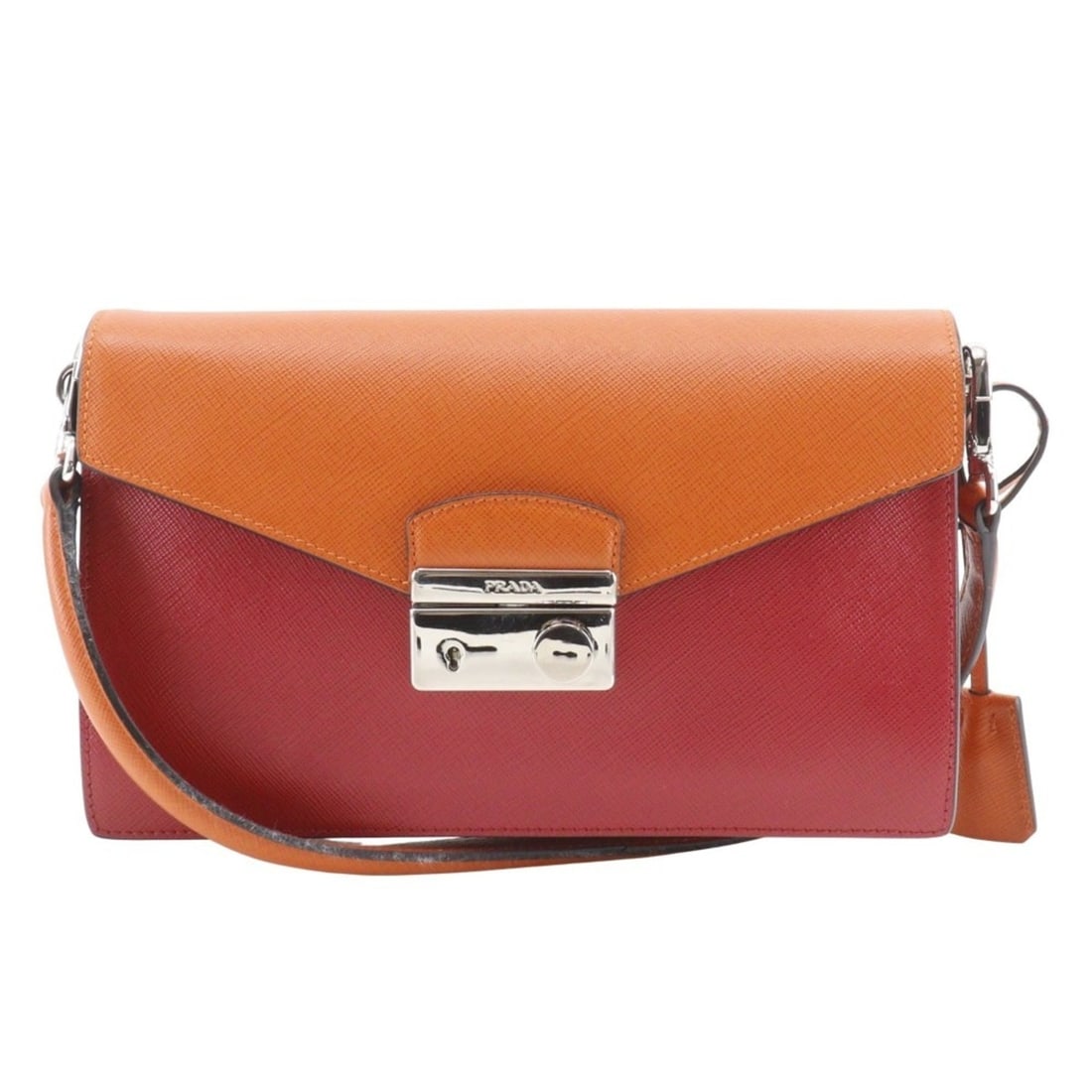 Prada BN924K Saffiano 2-Way Clutch Shoulder Bag in Red/Orange with Flap, Women's: --- Catalog ---Category: SizeWeight: 670g / 1.47lb.Handle Drop: 15.00cm / 5.91''Size (HxWxD): 15cm x 24cm x 6cm / 5.9'' x 9.44'' x 2.36''Category: DesignType: Clutch bag, Shoulder bagColor: Orange, Re