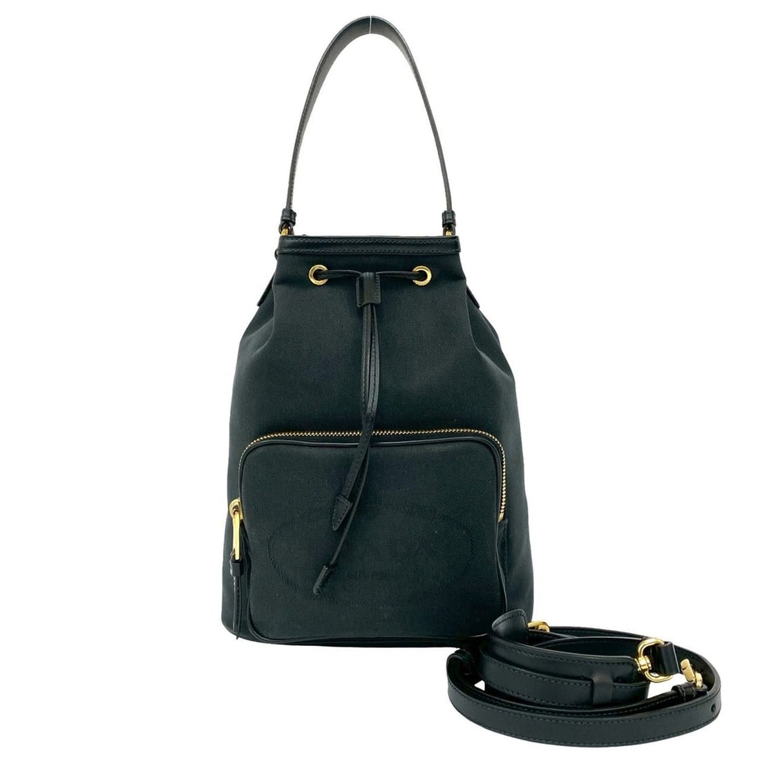 PRADA Prada Logo Canvas and Leather Drawstring 2-Way Handbag/Mini Shoulder Bag, Black 11359: --- Catalog ---Category: SizeSize (HxWxD): 26.5cm x 20.5cm x 12.5cm / 10.43'' x 8.07'' x 4.92''Category: DesignType: Handbag, Shoulder bagColor: BlackGender: WomenMaterial: Canvas , Leather Category:
