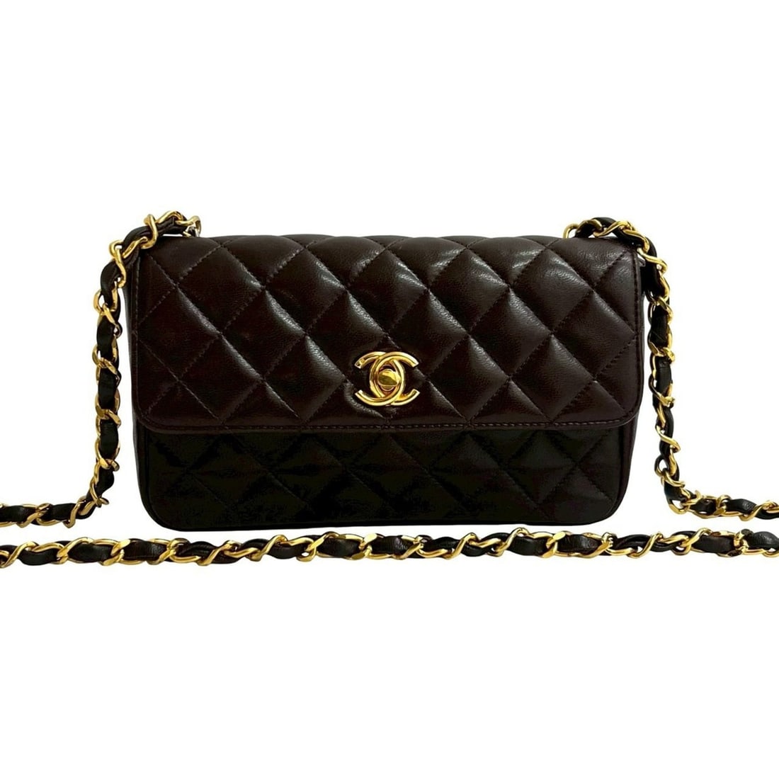 CHANEL Matelasse Coco Mark Lambskin Chain Shoulder Bag, Brown, 32935: --- Catalog ---Category: SizeSize (HxWxD): 11cm x 18.5cm x 5cm / 4.33'' x 7.28'' x 1.96''Category: DesignType: Shoulder bagColor: BrownGender: WomenMaterial: Leather Leather/Fur Type: LambskinCategory