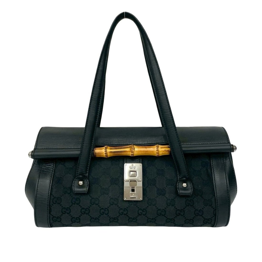 GUCCI Bamboo GG Logo Leather Canvas Handbag Mini Boston Bag Black o4015: --- Catalog ---Category: SizeSize (HxWxD): 17cm x 32cm x 14cm / 6.69'' x 12.59'' x 5.51''Category: DesignType: Boston bag, HandbagColor: BlackGender: WomenMaterial: Leather , Canvas Category: GeneralB