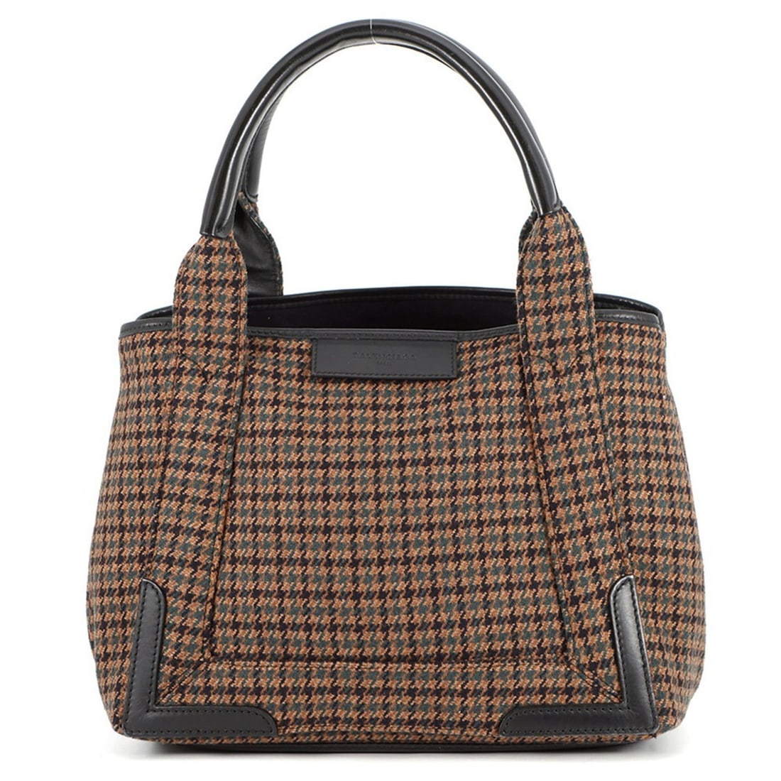 Balenciaga Navy Cabas Small Tote Bag with Houndstooth Pattern, 339933, Black: --- Catalog ---Category: SizeWeight: 550g / 1.21lb.Size (HxWxD): 24cm x 31cm x 17.5cm / 9.44'' x 12.2'' x 6.88''Category: DesignType: Tote bagColor: Black, BrownGender: WomenMaterial: Wool , Leather H