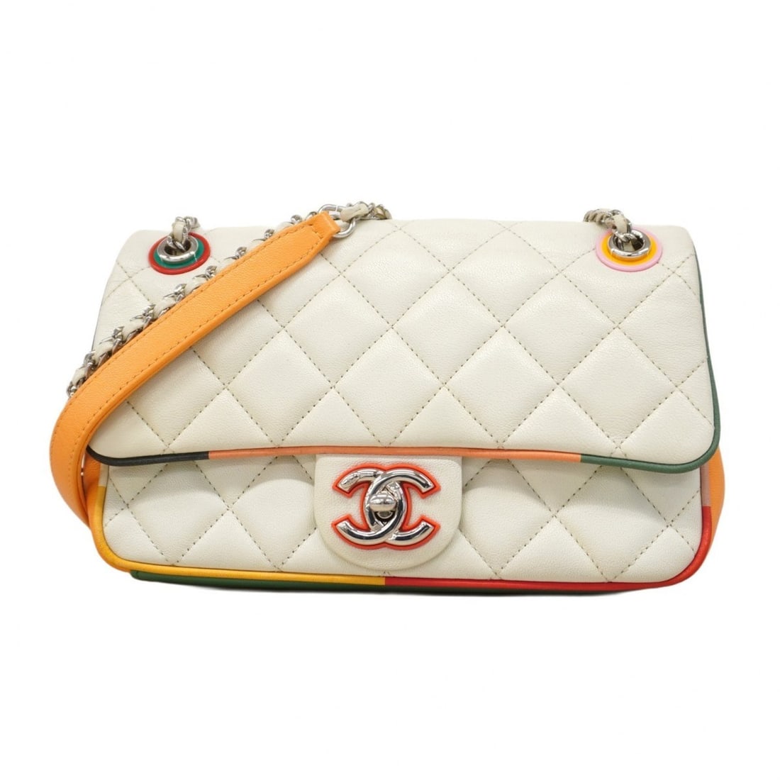 Chanel Shoulder Bag Matelasse W Chain Lambskin White Multicolor Women's (1 of 11)
