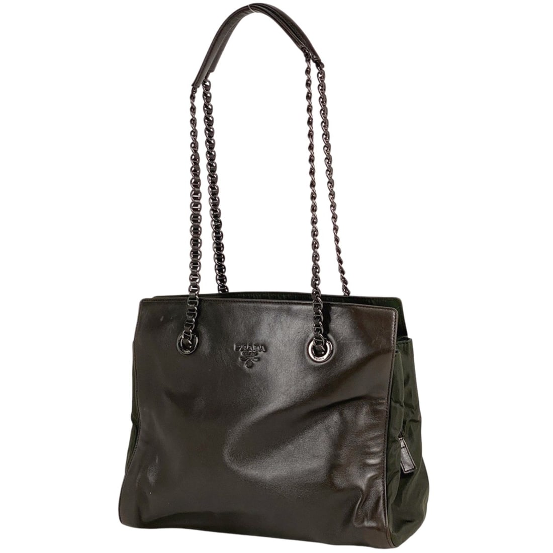 Prada PRADA Logo Chain Tote Bag Shoulder Leather Brown Green B4328 Women's (1 of 10)