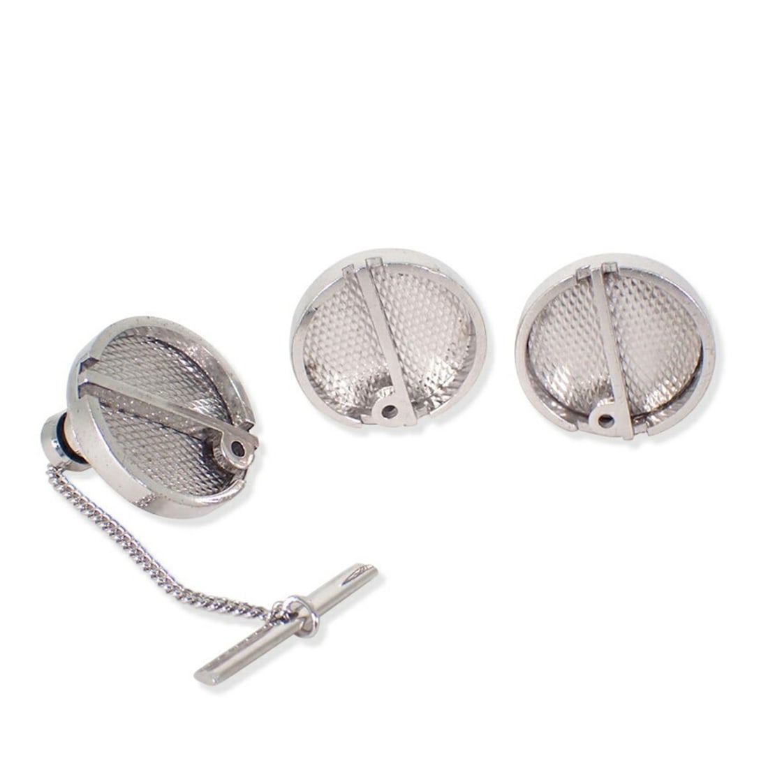 Dunhill tie tack and cufflinks: --- Catalog ---Category: SizeSize (HxWxD): 19.40mm x 19.00mm / 0.76'' x 0.75''Category: DesignType: CufflinksGender: WomenMaterial: Sterling silver 925Category: GeneralBrand: Dunhill--- Item List