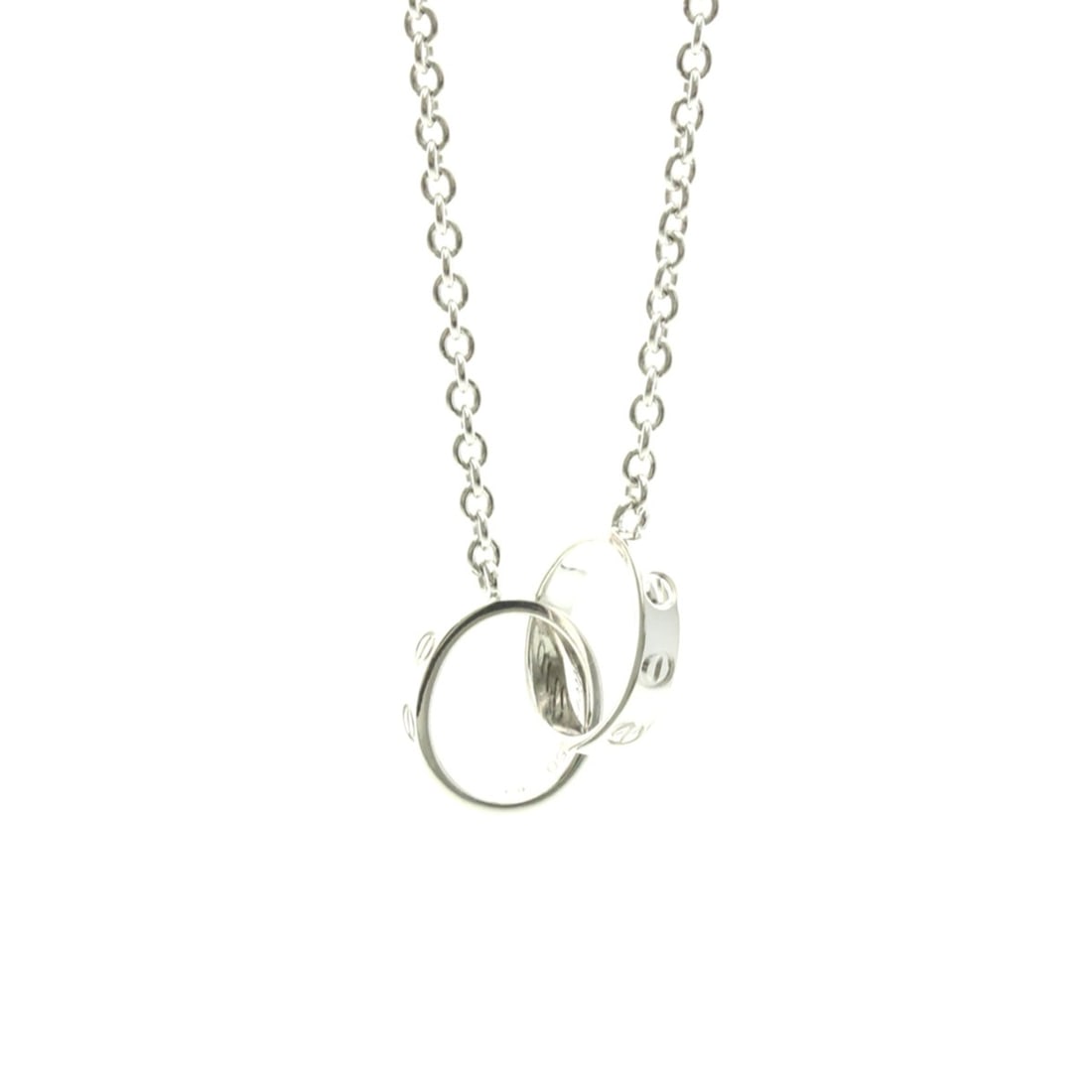 Cartier Baby Love Necklace White Gold (18K) No Stone Women,Men Fashion Pendant Necklace (Silver): --- Catalog ---Category: SizeWeight: 7.3g / 0.25oz.Neck Circumference: 44 cm / 17.32''Category: DesignColor: SilverMetal: White GoldStone: No StoneStyle: FashionGender: Women,MenMaterial: White gold (