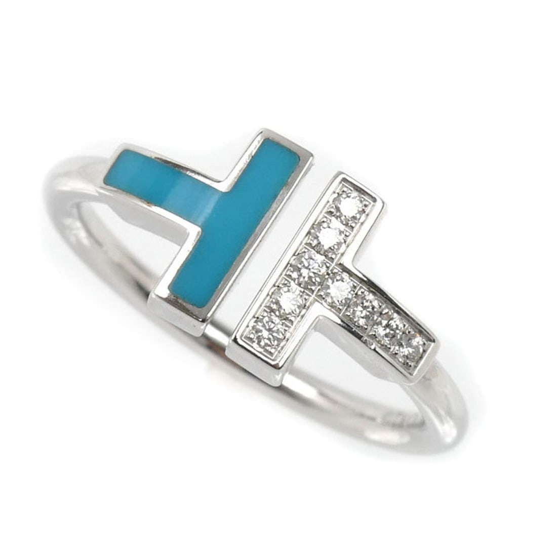 TIFFANY & Co. 18K White Gold T-Wire Turquoise and Diamond Ring, 64028189, Diamond, Turquoise, 4.6g,: --- Catalog ---Category: SizeUS Size: 7Brand Size: 54Category: DesignType: Band ringStone: Diamond, TurquoiseGender: WomenMaterial: White gold (18K)Category: GeneralBrand: TiffanyCountry of Origin: US