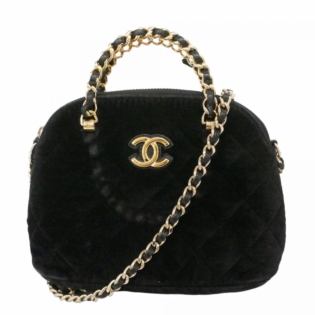 Chanel Matelasse Handbag with Chain Shoulder Strap, Velvet, Black and Champagne, 2-Way Bag for Women: --- Catalog ---Category: SizeSize (HxWxD): 12cm x 16cm x 5cm / 4.72'' x 6.29'' x 1.96''Category: DesignType: HandbagColor: BlackGender: WomenMaterial: Velvet Hardware Color: Champagne goldCategory: Ge