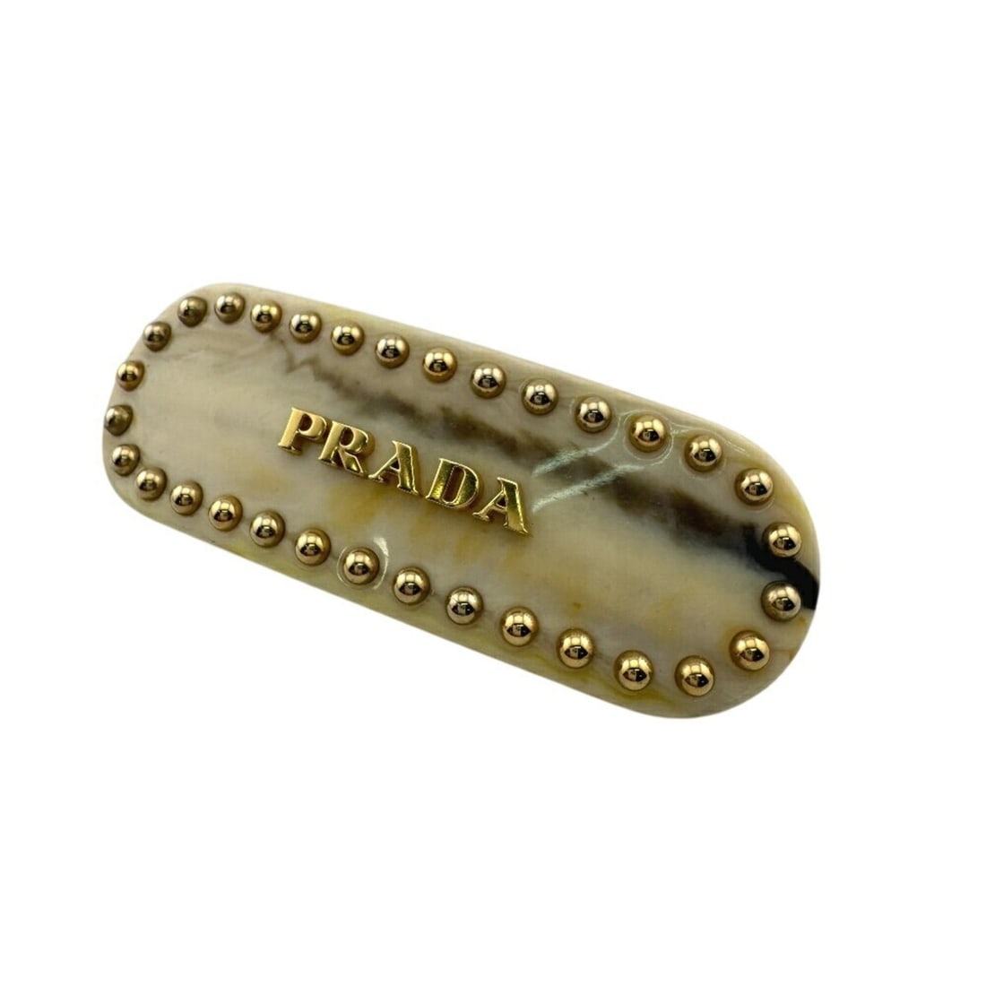 PRADA 1IF042 Studded Barrette Hairpiece, Beige, Women's: --- Catalog ---Category: SizeSize (LxW): 2.8cm x 7cm / 1.1'' x 2.75''Category: DesignType: BarretteColor: BeigeGender: WomenCategory: GeneralMPN: 1IF042Brand: Prada--- Item List ---Section:
