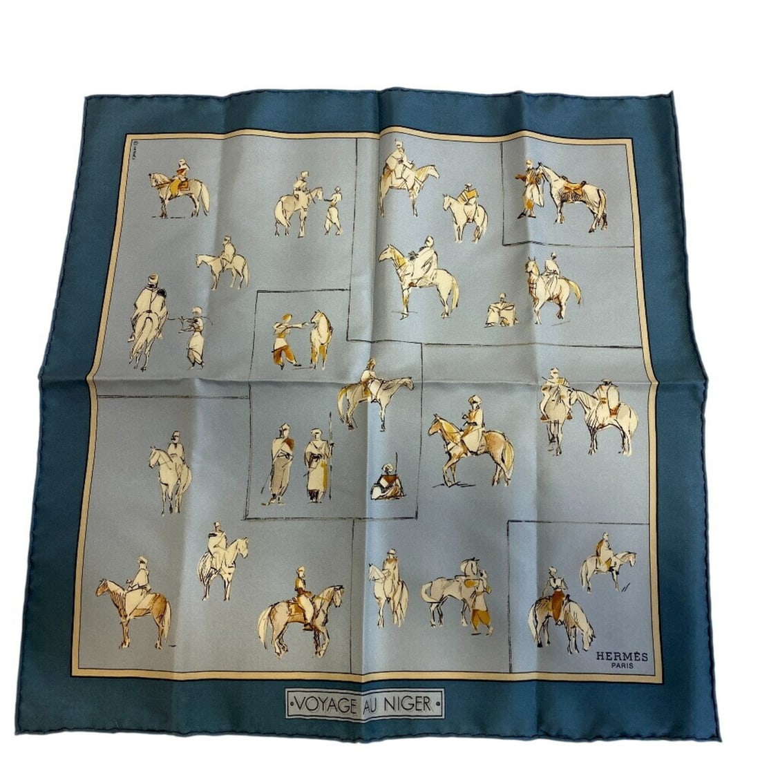 HERMES Carré 45 "Journey to Niger" Silk Scarf, Blue, Women's: --- Catalog ---Category: SizeSize (LxW): 45cm x 41cm / 17.71'' x 16.14''Category: DesignType: ScarfColor: BlueGender: WomenCategory: GeneralBrand: Hermes--- Item List ---Section: ConditionRanking: Ran