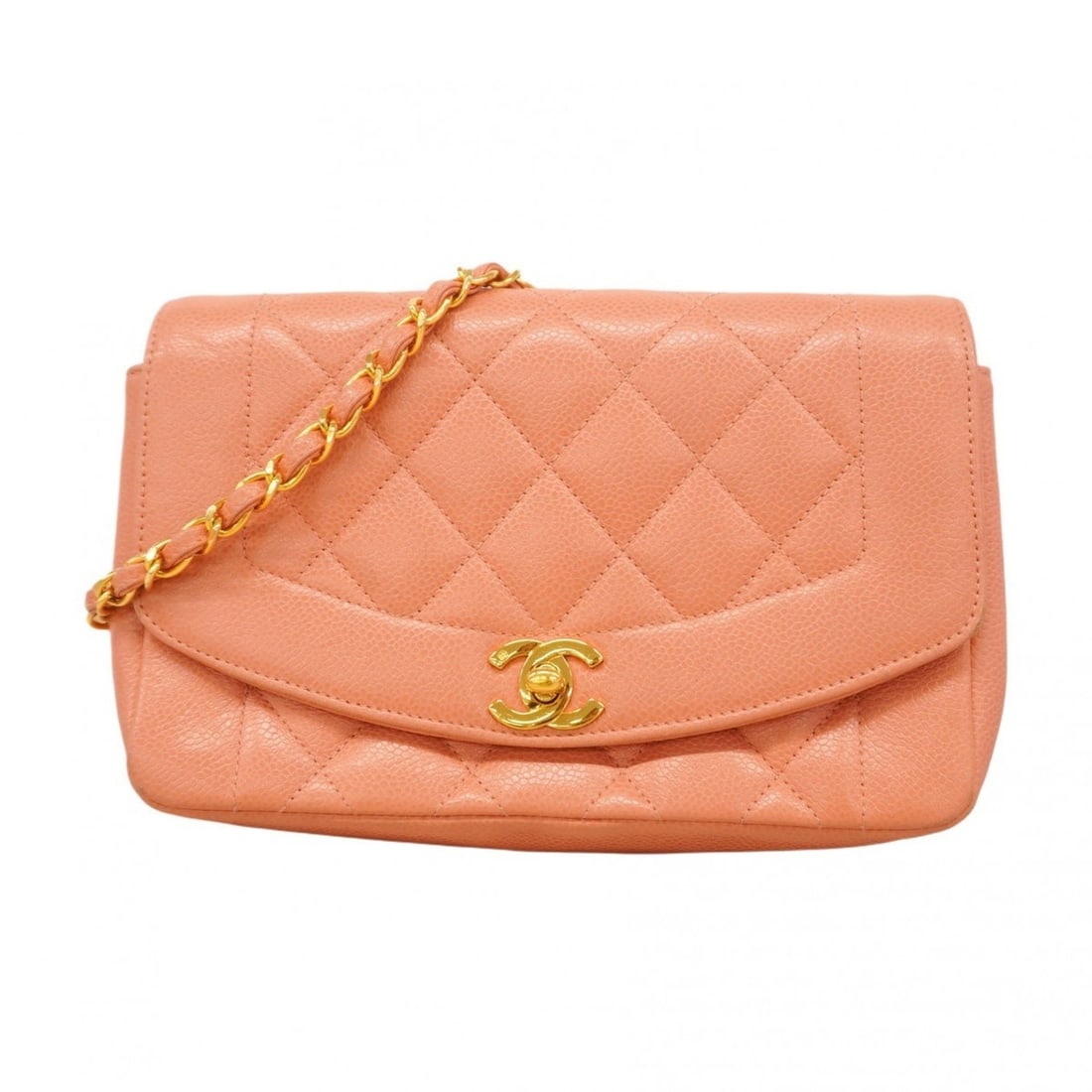 Chanel Diana Matelasse Chain Shoulder Bag in Caviar Skin, Pink, for Women: --- Catalog ---Category: SizeSize (HxWxD): 15cm x 21cm x 6.5cm / 5.9'' x 8.26'' x 2.55''Category: DesignType: Shoulder bagColor: PinkGender: WomenMaterial: Grained Calfskin Hardware Color: GoldCategor