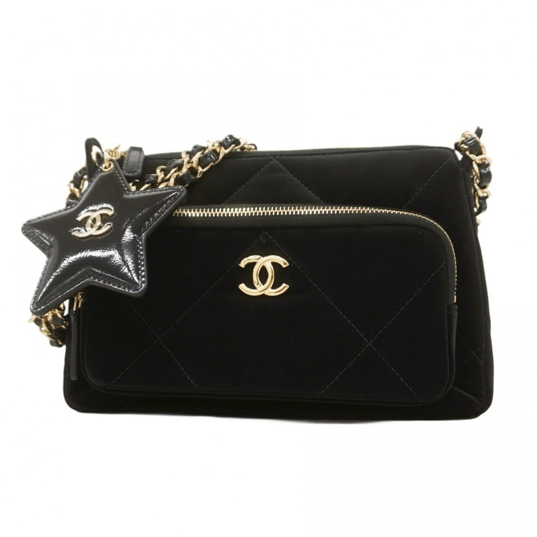 Chanel Shoulder Bag Chain Velvet Nylon Effect Black Champagne Women's: --- Catalog ---Category: SizeSize (HxWxD): 14.5cm x 20.5cm x 5cm / 5.7'' x 8.07'' x 1.96''Category: DesignType: Shoulder bagColor: BlackGender: WomenMaterial: Velvet , Nylon Hardware Color: Champagne