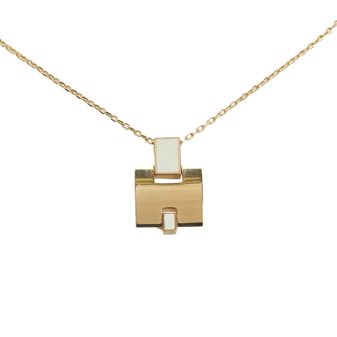 Hermes Eileen Necklace Gold White Plated Women's HERMES: --- Catalog ---Category: SizePendant Size: 21.2mm x 15.2mm / 0.83'' x 0.59''Neck Circumference: 55 cm / 21.65''Category: DesignColor: Gold, WhiteGender: WomenNecklace Type: NecklaceCategory: GeneralLi