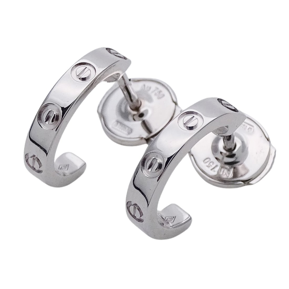 Cartier earrings for women, brand 750WG Mini Love white gold, both ears, jewelry: --- Catalog ---Category: SizeSize (HxWxD): 12.30mm x 2.30mm / 0.48'' x 0.09''Category: DesignType: Stud earringsColor: White goldGender: WomenMaterial: White gold (18K)Category: GeneralBrand: Cartier-