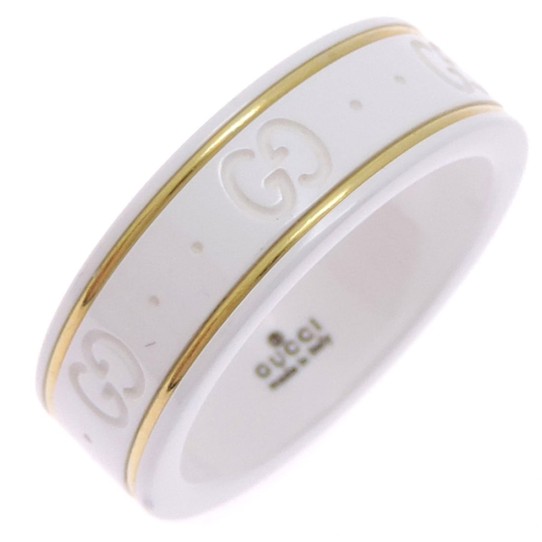 Gucci GG Icon Ring for Men and Women, 750 Yellow Gold White: --- Catalog ---Category: SizeWeight: 4.5g / 0.15oz.JP Size: 15US Size: 7.5Inner Diameter: 17.50mm / 0.69''Category: DesignType: Band ringColor: White, Yellow goldGender: WomenMaterial: Ceramic, Yellow