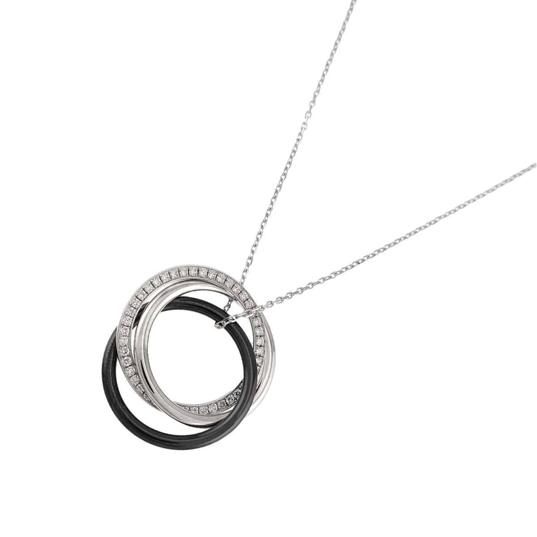 Cartier Trinity Diamond Necklace, 45cm, 18K White Gold, 750 Black Ceramic: --- Catalog ---Category: SizePendant Size: 19mm x 22.4mm / 0.74'' x 0.88''Neck Circumference: 45 cm / 17.71''Category: DesignStone: DiamondGender: WomenMaterial: White gold (18K)Necklace Type: