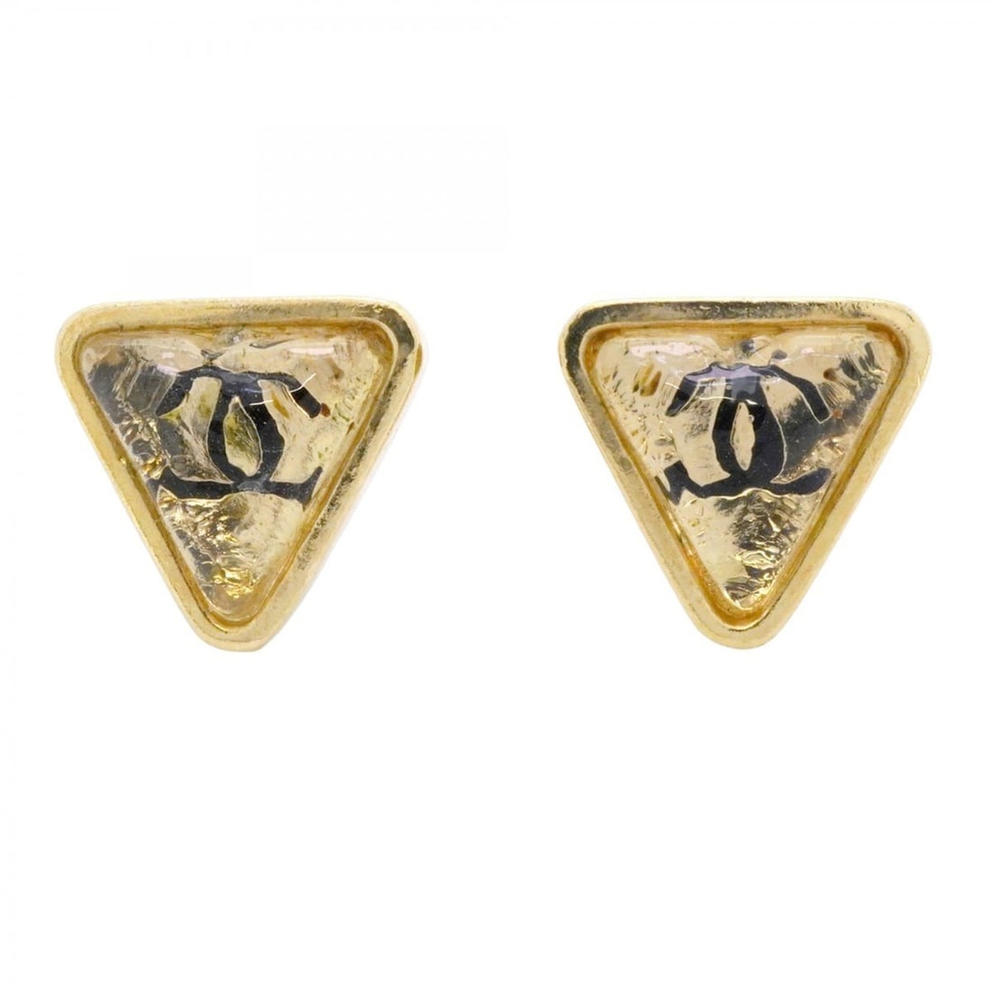 Chanel Coco Mark Triangle Earrings, GP Plated Resin, Gold, Women's: --- Catalog ---Category: SizeSize (HxWxD): 12.20mm x 13.00mm / 0.48'' x 0.51''Category: DesignType: Stud earringsColor: GoldGender: WomenMaterial: Gold plating, ResinCategory: GeneralBrand: Chanel---