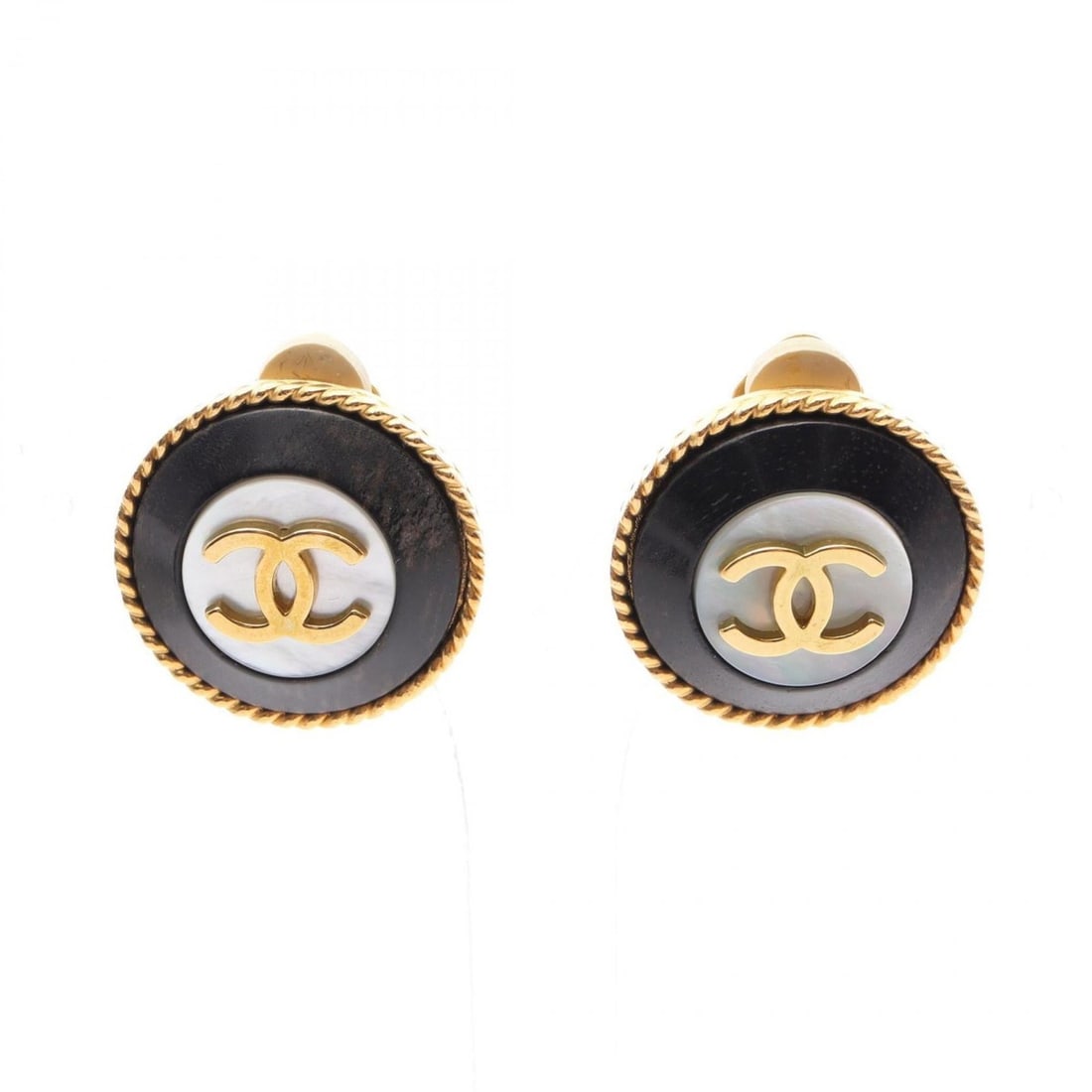 CHANEL Coco Mark Round Shell Earrings, Gold-Plated, Plastic, Women's, Available in Gold, White, and (1 of 16)
