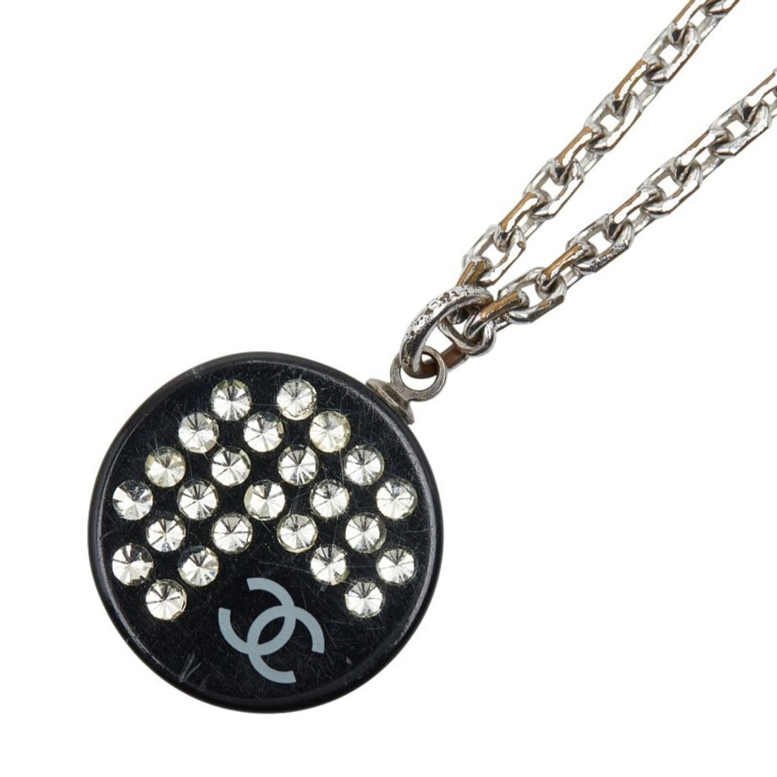 Chanel Coco Mark Rhinestone Necklace in Silver and Black Metal with Plastic, Women's: --- Catalog ---Category: SizePendant Size: 17mm x 17.2mm / 0.66'' x 0.67''Neck Circumference: 47 cm / 18.5''Category: DesignColor: Black, SilverStone: RhinestoneGender: WomenMaterial: Metal,