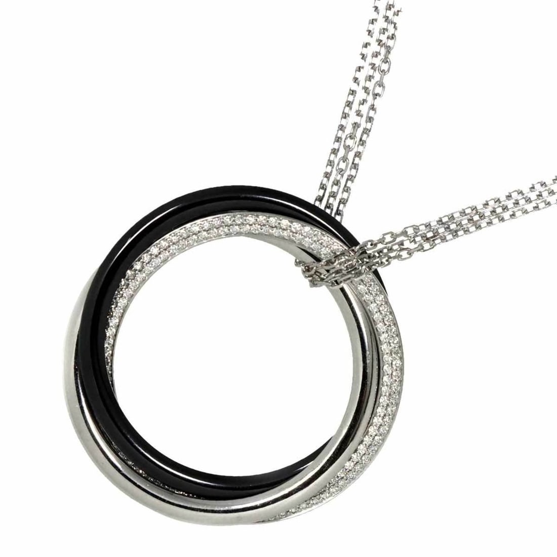 Cartier Trinity Diamond Necklace, 54cm, 18K White Gold, 750 Black Ceramic: --- Catalog ---Category: SizePendant Size: 37mm x 37mm / 1.45'' x 1.45''Neck Circumference: 54 cm / 21.25''Category: DesignGender: WomenMaterial: White gold (18K)Necklace Type: NecklaceCategory: