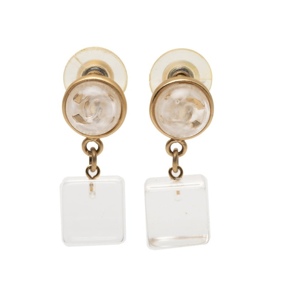 Chanel Coco Mark Cube Earrings, Gold and Clear Plated Plastic, Women's, CHANEL: --- Catalog ---Category: SizeSize (HxWxD): 32.00mm x 11.00mm / 1.26'' x 0.43''Category: DesignType: Stud earringsColor: Clear, GoldGender: WomenMaterial: Gold plating, PlasticCategory: GeneralBrand: C
