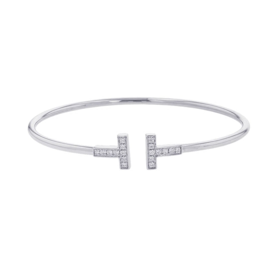 Tiffany T-Wire Bracelet with Large Diamonds, 0.24ct Total, 18K White Gold, 60010749: --- Catalog ---Category: SizeWidth: 2.4mm - 9.8mm / 0.09'' - 0.38''Length: 17cm / 6.69''Weight: 8.9g / 0.31oz.Category: DesignType: Charm braceletStone: DiamondGender: WomenMaterial: White gold (18K)W